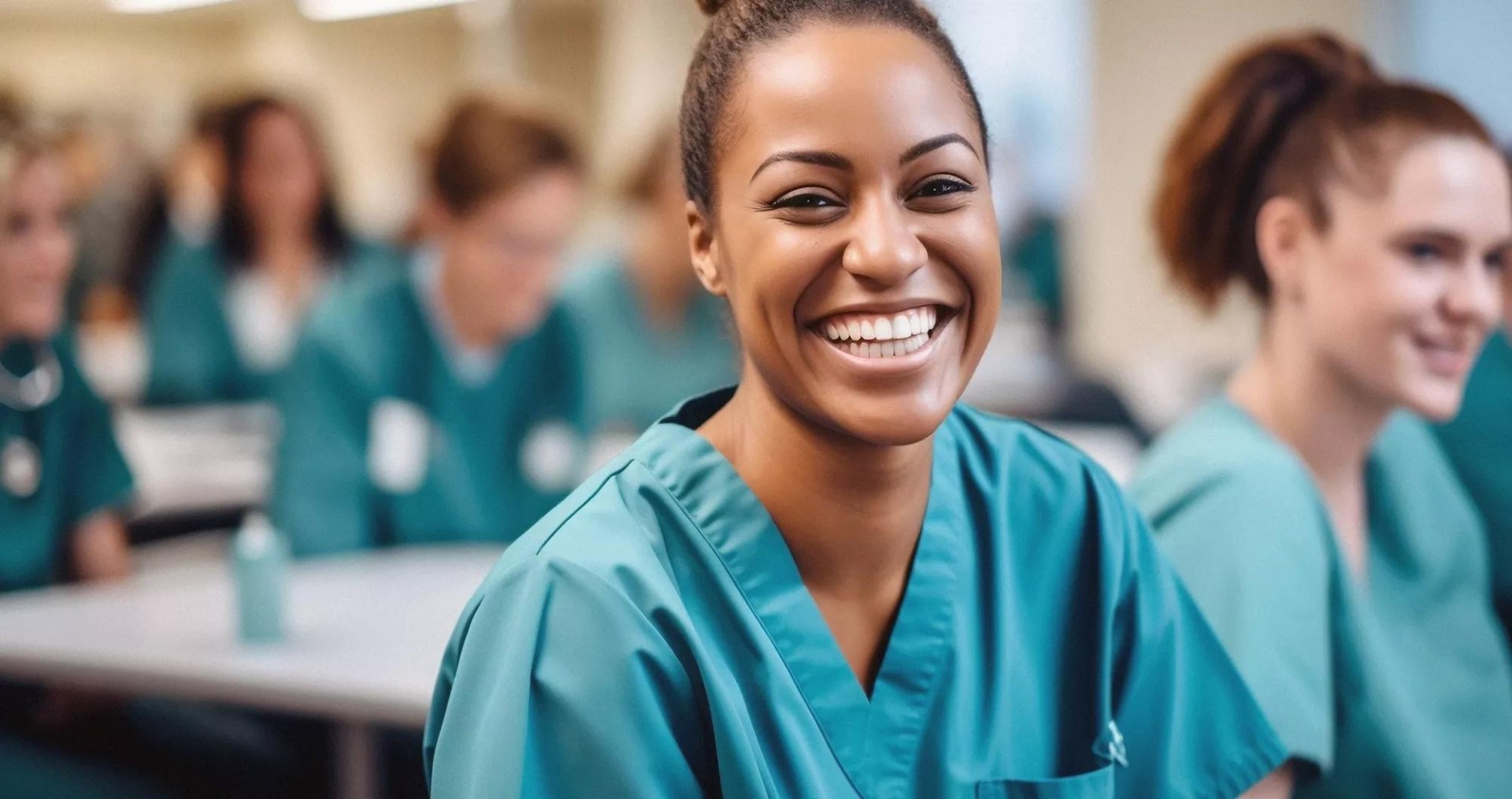 Dentist smiling with other dentists in the background, while in a classroom Dentist smiling with other dentists in the background, while in a classroom