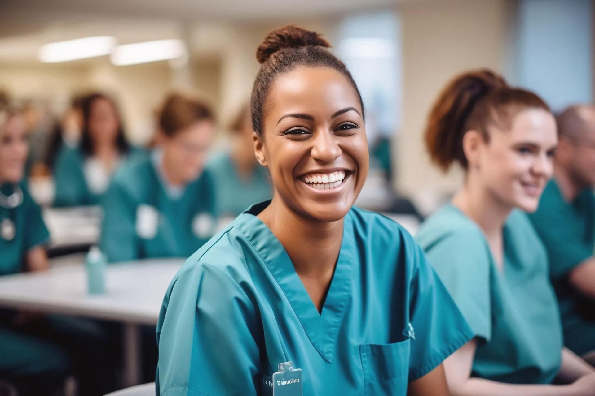 Dentist smiling with other dentists in the background, while in a classroom Dentist smiling with other dentists in the background, while in a classroom